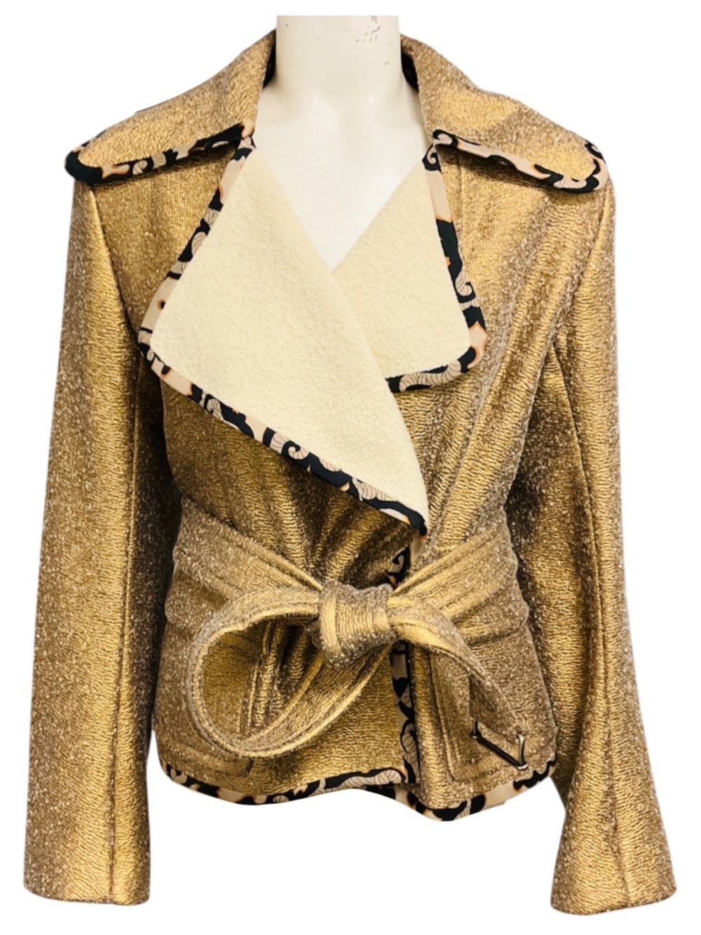 DRIES VAN NOTEN GOLD METALLIC TEXTURED JACQUARD JACKET WITH ECRU WOOL INTERIOR